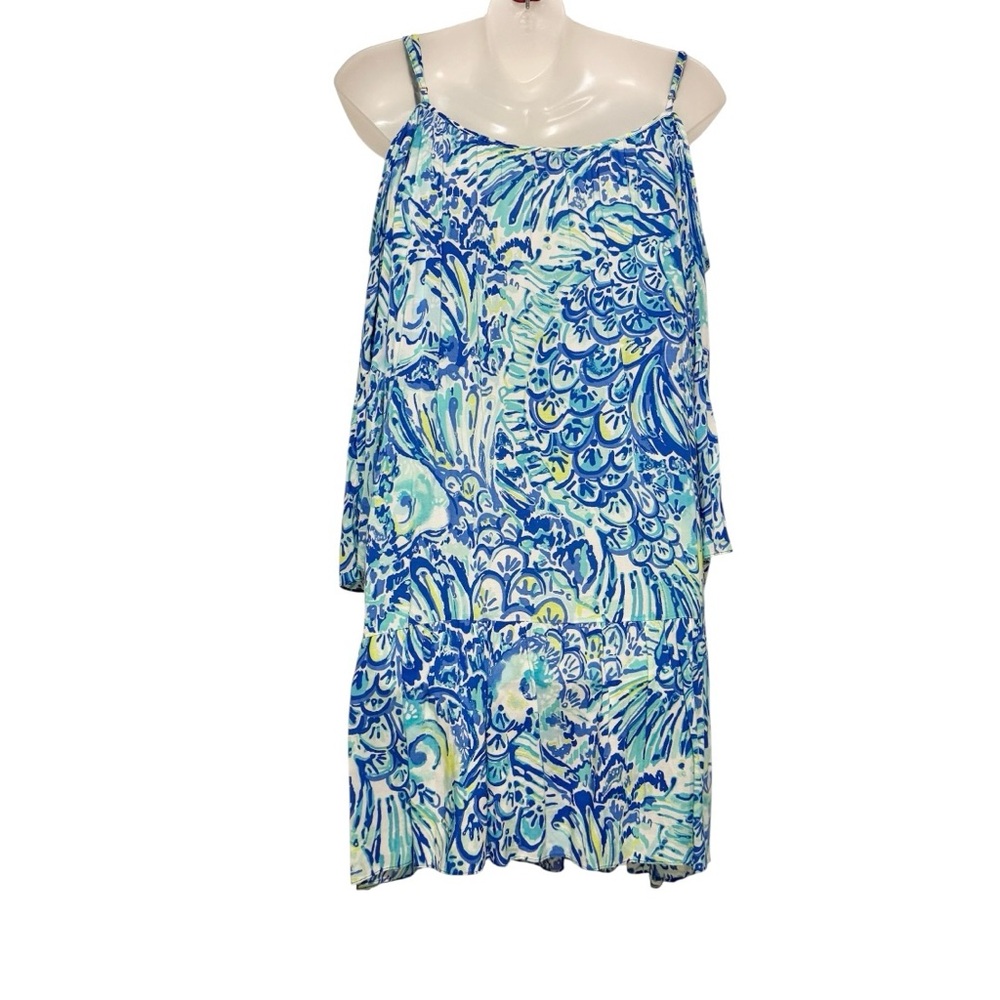 Lilly Pulitzer Cold Shoulder Mini Swing Dress w/ Yellow Accents, Yellow Tassels - Picture 3 of 6